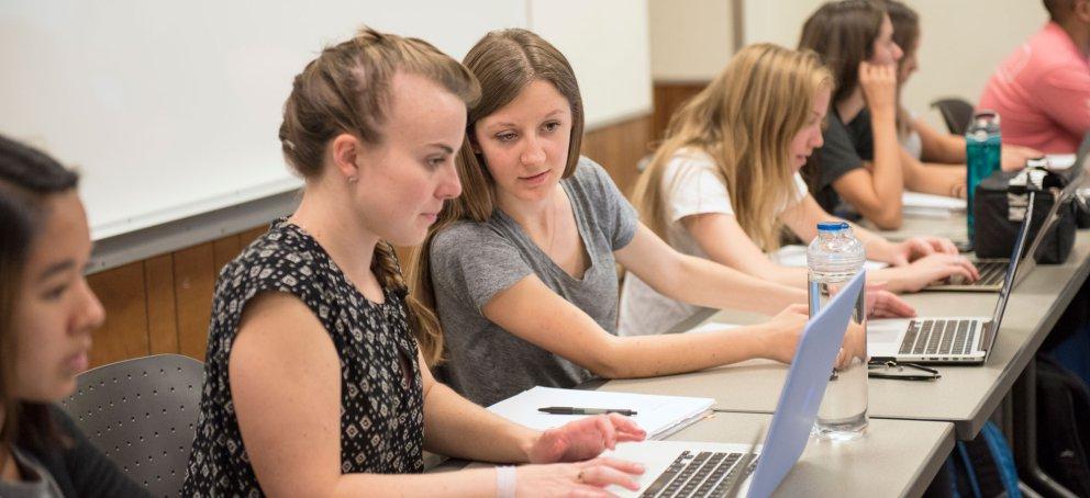 Students in class working together on their computers