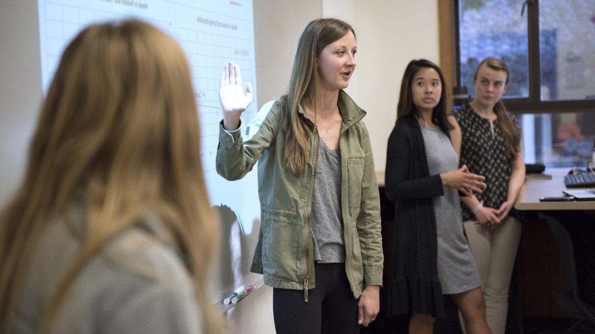 Four students presenting a slideshow